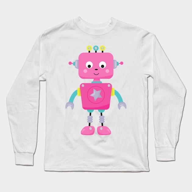Cute Robot, Funny Robot, Silly Robot, Pink Robot Long Sleeve T-Shirt by Jelena Dunčević